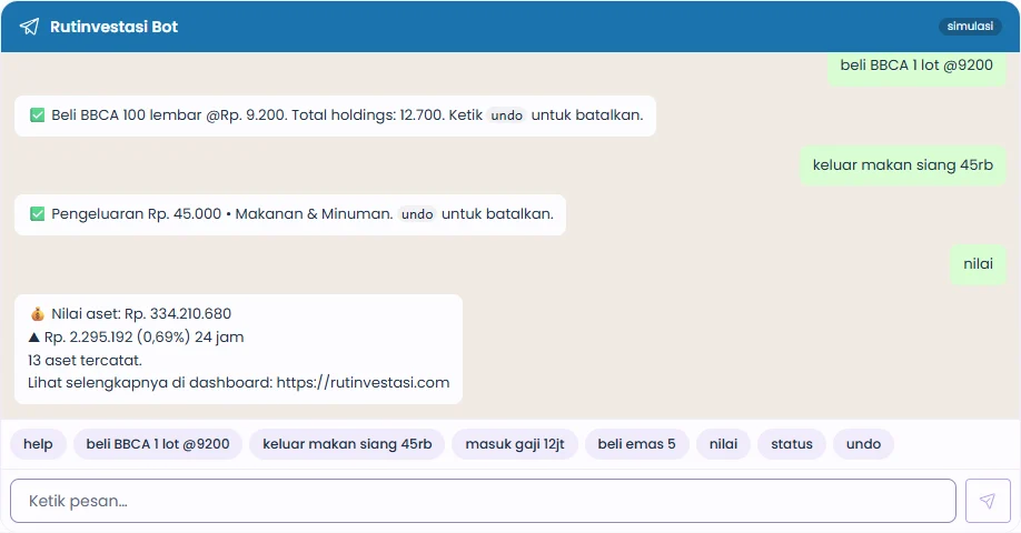 Simulasi chat dengan bot Rutinvestasi